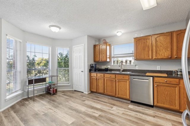 kitchen featuring dishwasher, light hardwood / wood-style flooring, and a healthy amount of sunlight