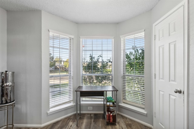 dining room featuring a textured ceiling, dark wood-type flooring, and a wealth of natural light