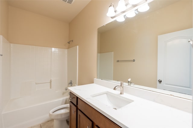 full bathroom with tile patterned flooring, shower / tub combination, vanity, and toilet