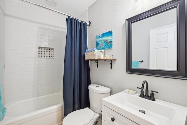 full bathroom with vanity, toilet, and shower / tub combo with curtain