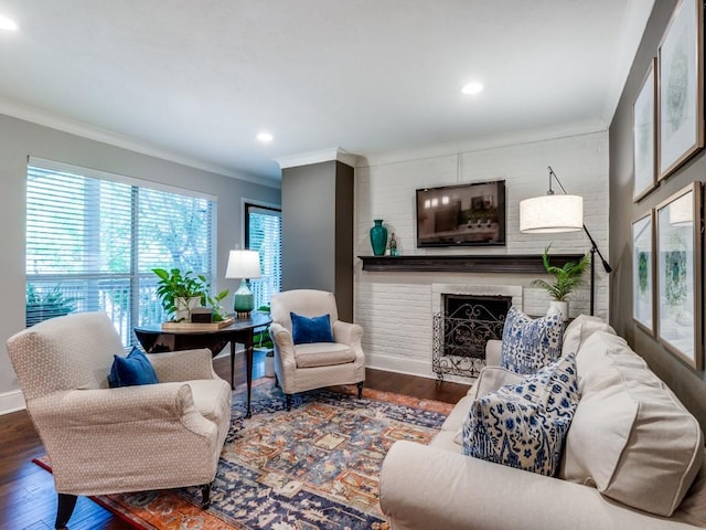 living room with a fireplace, dark hardwood / wood-style floors, and ornamental molding