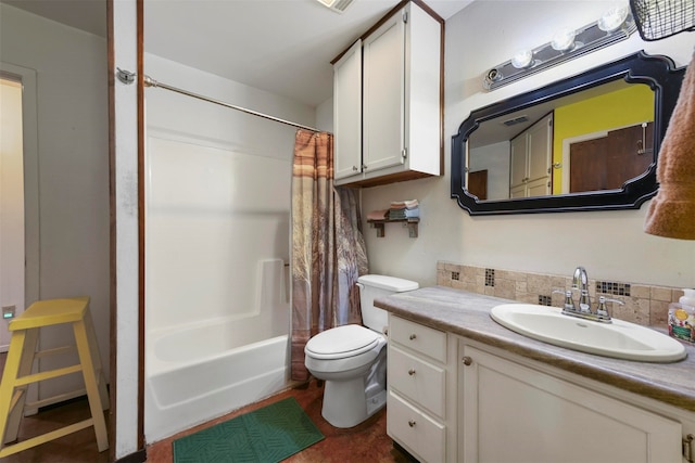 full bathroom featuring shower / bath combo, toilet, backsplash, and vanity