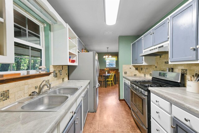 kitchen with custom exhaust hood, sink, decorative backsplash, decorative light fixtures, and stainless steel appliances