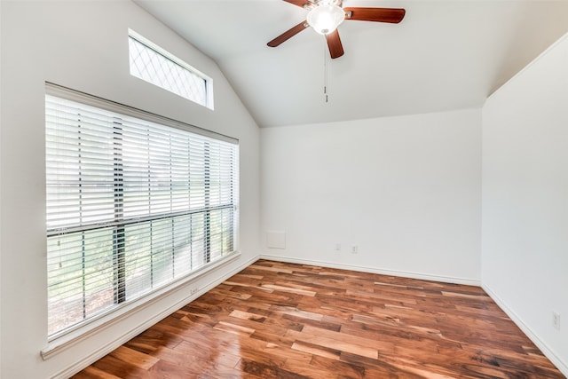 unfurnished room with vaulted ceiling, ceiling fan, and hardwood / wood-style flooring