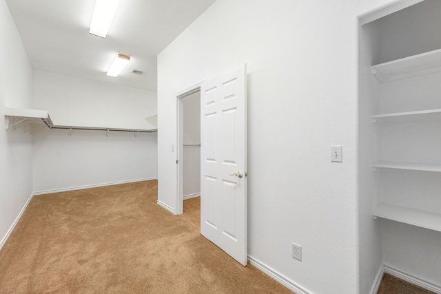 walk in closet with light colored carpet