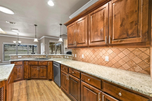 kitchen with dishwasher, sink, backsplash, light hardwood / wood-style floors, and ornamental molding