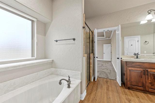 bathroom featuring hardwood / wood-style floors, vanity, and a tub