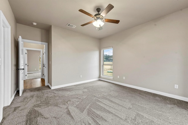 unfurnished bedroom featuring carpet flooring and ceiling fan