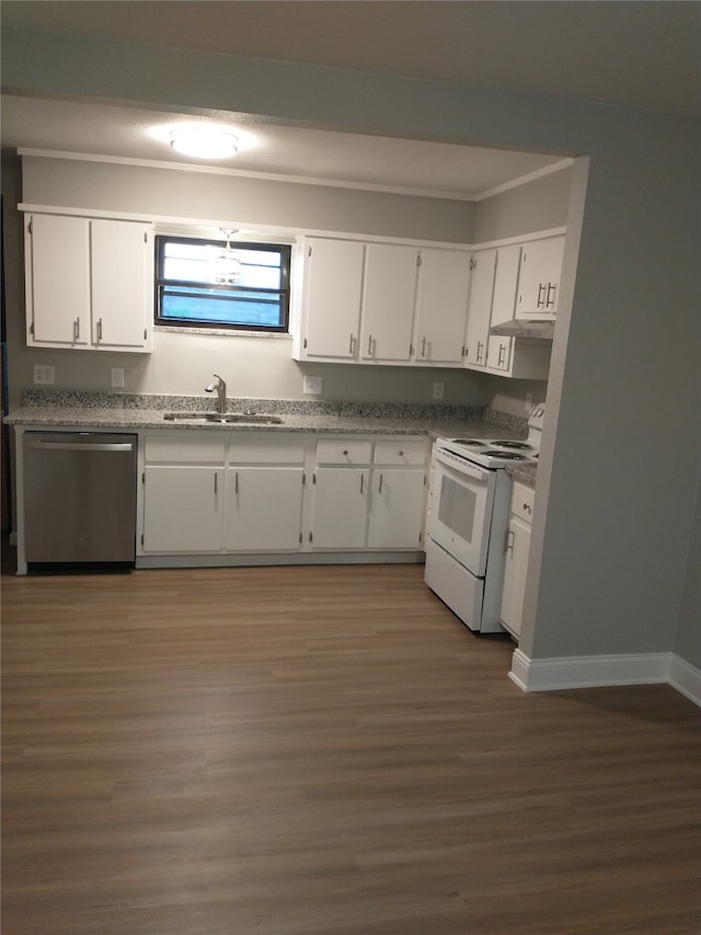 kitchen featuring dark hardwood / wood-style floors, white range with electric cooktop, white cabinetry, and stainless steel dishwasher