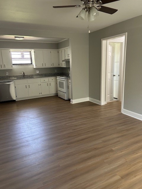 kitchen with ceiling fan, dishwasher, white stove, dark hardwood / wood-style floors, and white cabinetry