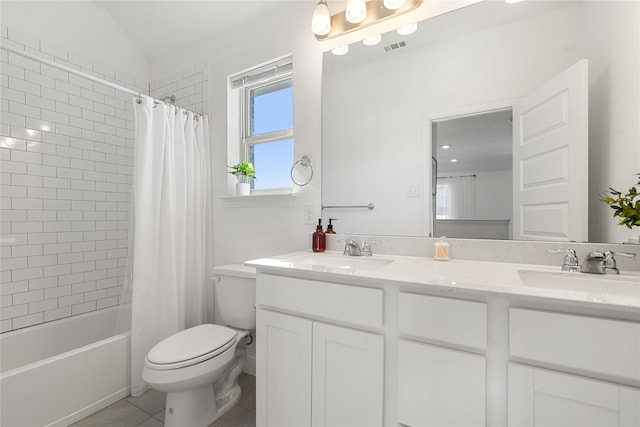 full bathroom with shower / bathtub combination with curtain, tile patterned flooring, lofted ceiling, toilet, and vanity