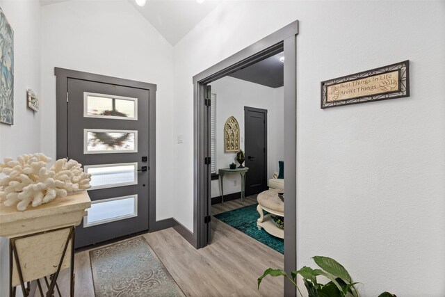 entrance foyer featuring wood-type flooring and lofted ceiling