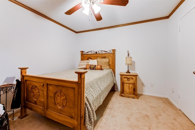 bedroom with ceiling fan, crown molding, and light carpet