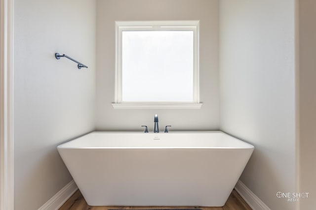 bathroom featuring a washtub and hardwood / wood-style floors