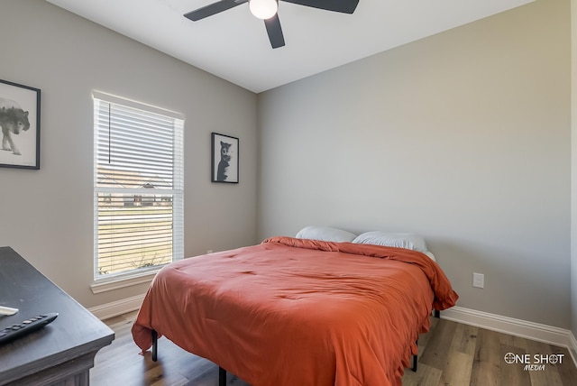 bedroom with multiple windows, hardwood / wood-style floors, and ceiling fan