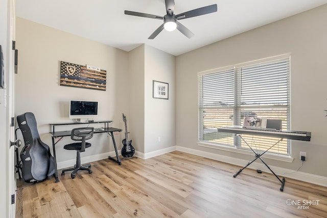 office area featuring ceiling fan and light hardwood / wood-style flooring