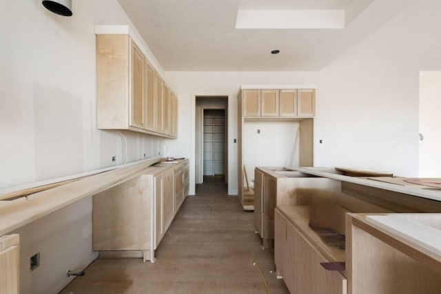 kitchen featuring light brown cabinetry, radiator, hardwood / wood-style flooring, and a skylight