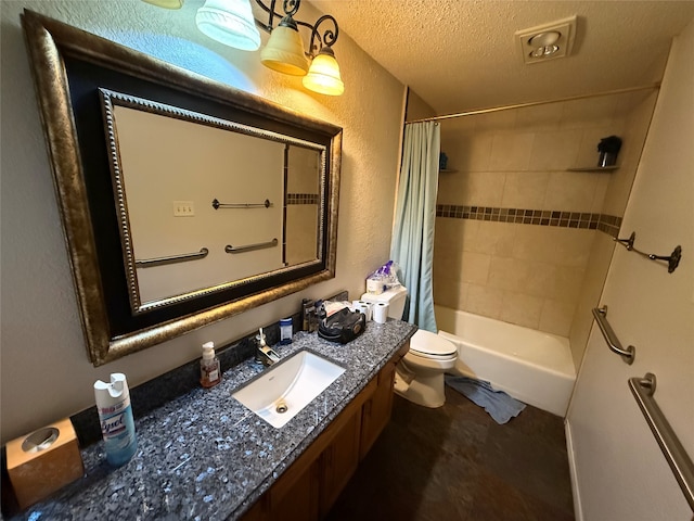 bathroom featuring toilet, a textured ceiling, shower / tub combo, vanity, and a textured wall