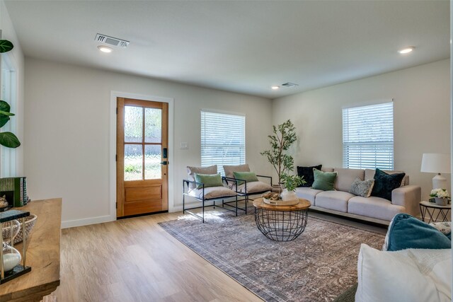 living room featuring plenty of natural light and light wood-type flooring