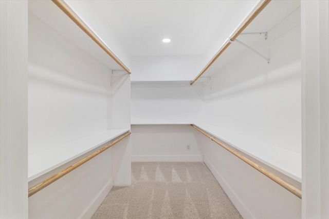 spacious closet featuring light colored carpet