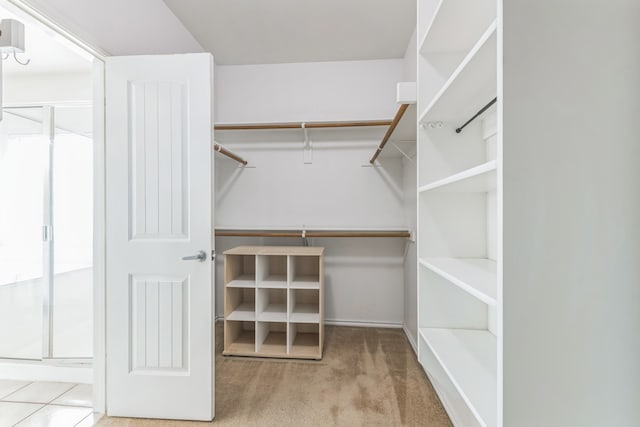 spacious closet featuring light carpet