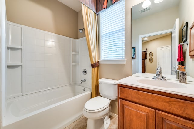 full bathroom featuring tile patterned flooring, shower / bathing tub combination, vanity, and toilet