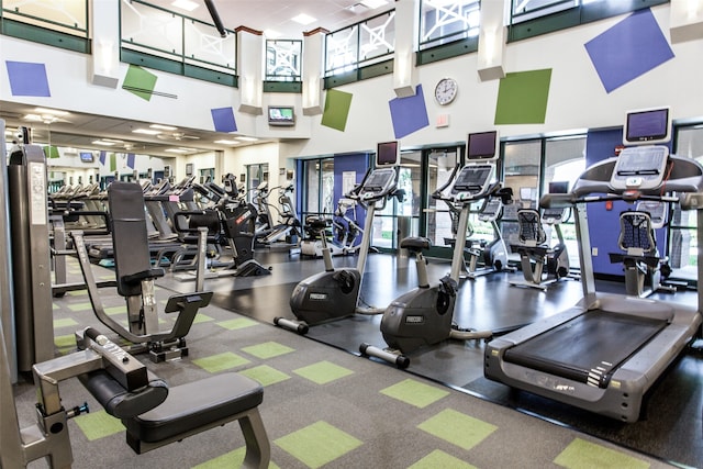 exercise room featuring a towering ceiling