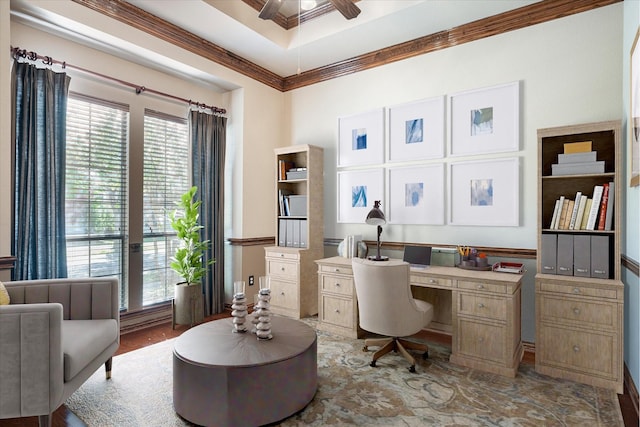 office area with ceiling fan, light hardwood / wood-style flooring, and ornamental molding