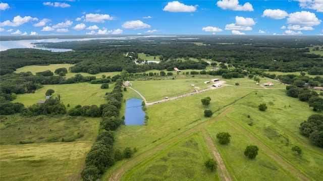 bird's eye view featuring a rural view and a water view