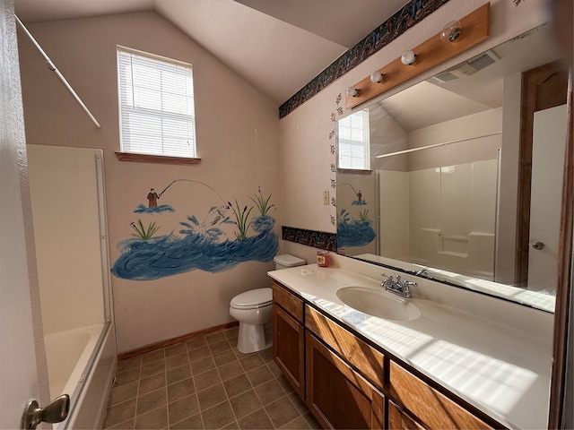 full bathroom with vanity, toilet, a wealth of natural light, and vaulted ceiling