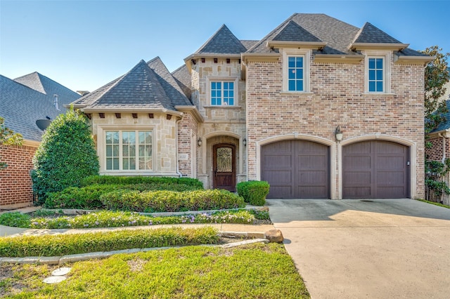 4122 Walnut Meadow Ln, Dallas, TX 75229 - french country inspired facade featuring an attached garage, concrete driveway, stone siding, and a shingled roof