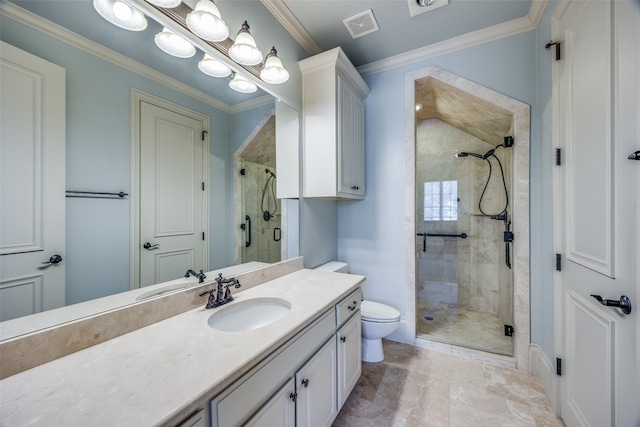 bathroom featuring walk in shower, vanity, crown molding, and toilet