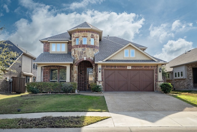 view of front of house featuring a garage and a front lawn