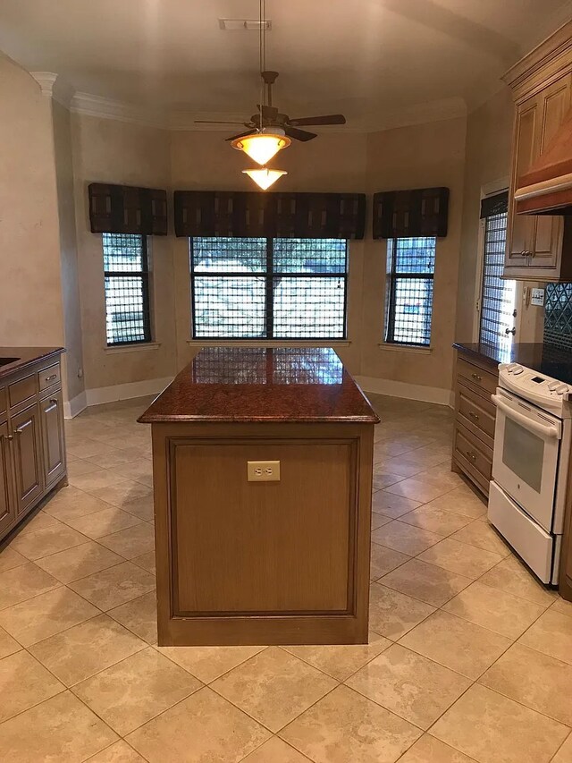 kitchen with electric stove, ceiling fan, crown molding, and a wealth of natural light