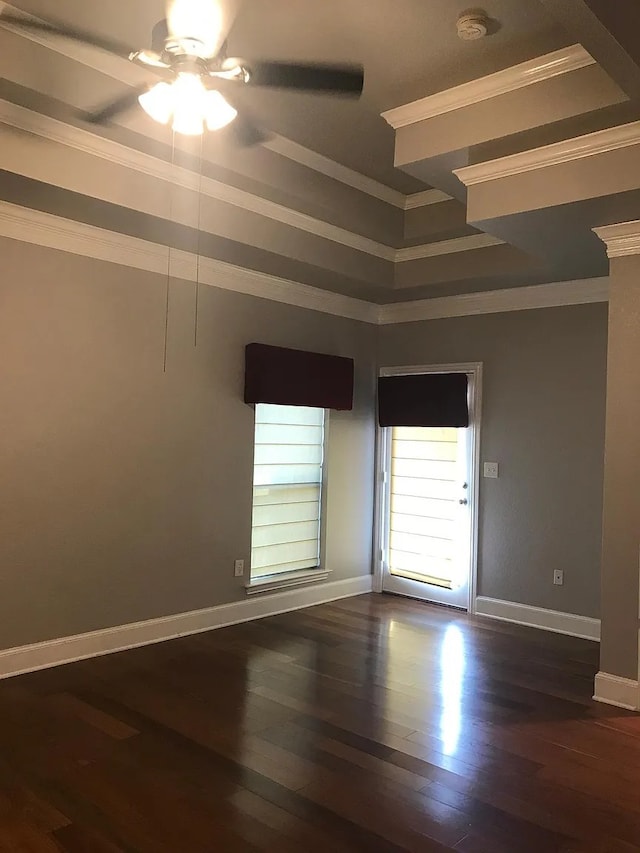 spare room with ceiling fan, ornamental molding, and dark wood-type flooring