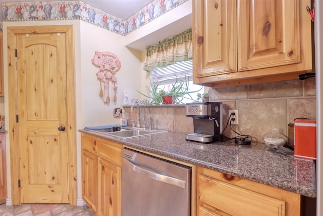 kitchen featuring backsplash, dishwasher, dark stone countertops, and sink