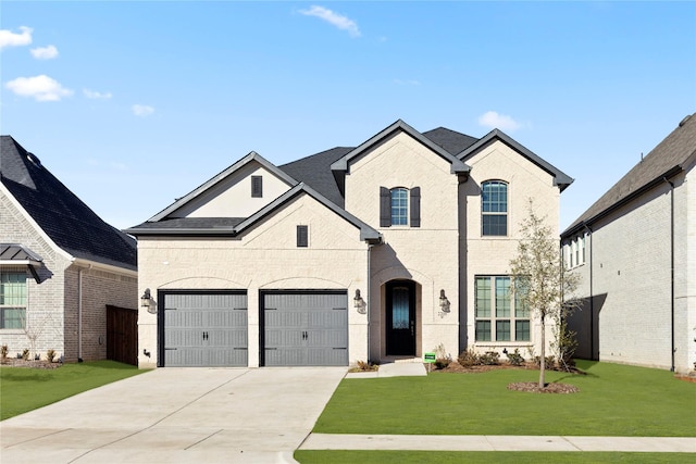 french provincial home with a garage and a front yard