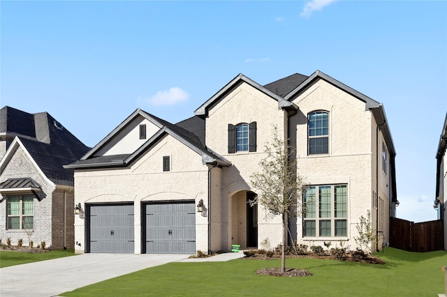 french provincial home with a garage and a front lawn