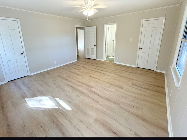 unfurnished bedroom featuring ceiling fan, light hardwood / wood-style floors, ornamental molding, and ensuite bath