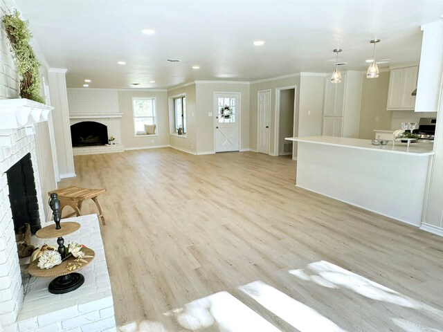 living room with crown molding, a fireplace, and light hardwood / wood-style flooring