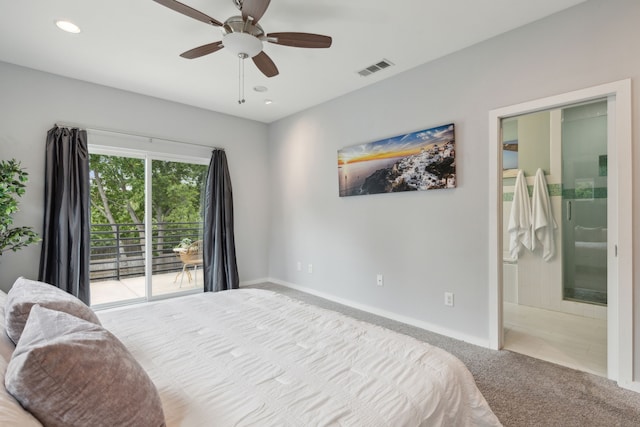 bedroom featuring access to outside, ensuite bathroom, ceiling fan, and light colored carpet