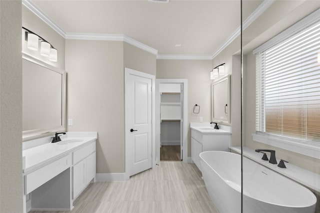 bathroom with vanity, ornamental molding, and a washtub