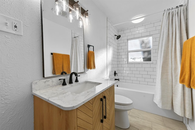 full bathroom featuring shower / bath combo, vanity, toilet, and tile patterned floors