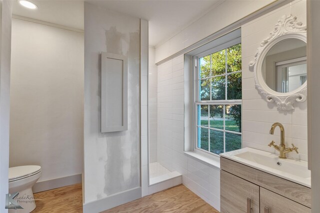 bathroom featuring toilet, vanity, wood-type flooring, and walk in shower