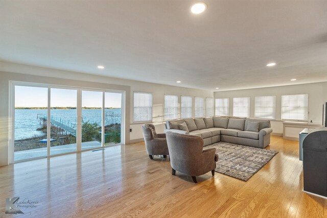 living room with light wood-type flooring, a water view, and plenty of natural light