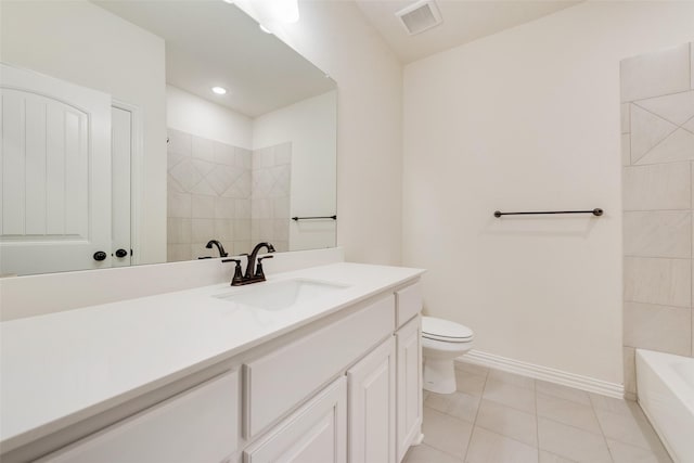 full bathroom featuring visible vents, baseboards, toilet, tile patterned floors, and vanity