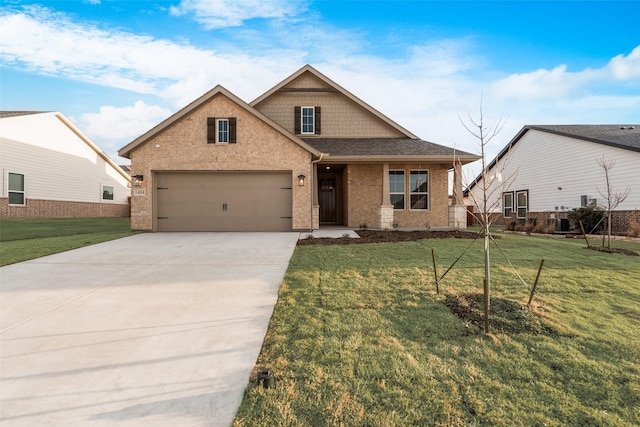 view of front of home featuring brick siding, roof with shingles, concrete driveway, a garage, and a front lawn