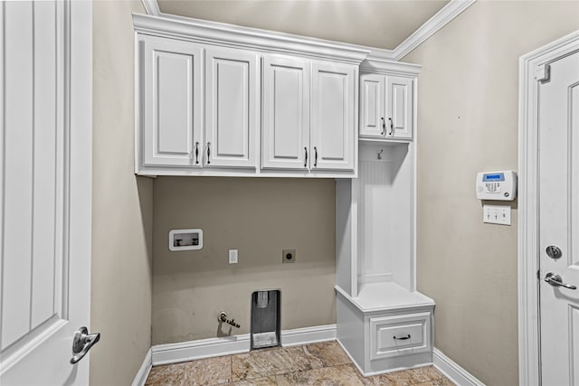 laundry room with cabinets, washer hookup, hookup for an electric dryer, hookup for a gas dryer, and crown molding