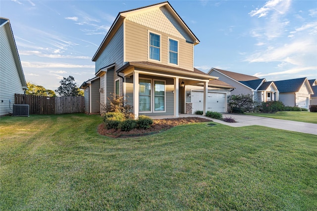 view of front of property with covered porch, cooling unit, a garage, and a front lawn