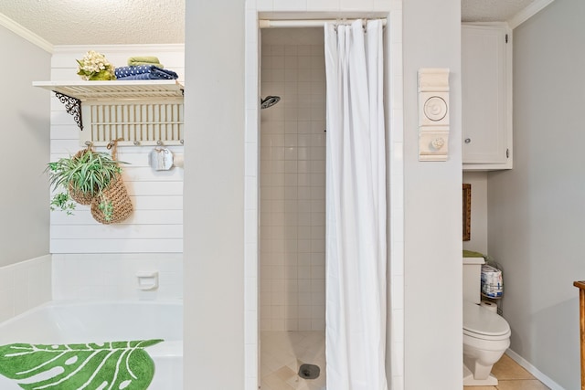 bathroom featuring plus walk in shower, tile patterned flooring, a textured ceiling, toilet, and ornamental molding